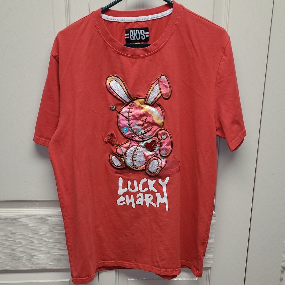 BKYS  Red emroidered Hologram Multicolor Graphic Tee with Lucky Charm Design L